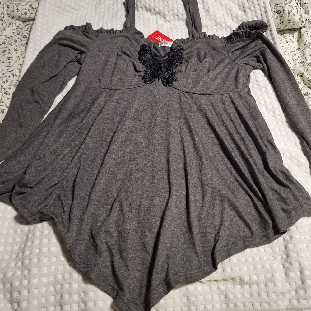 Rosegal Gray Asymmetrical Ruffled Blouse Plus Size Rose Gal Long Sleeve Size 1X